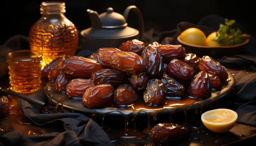 A detailed view of dates and honey creating a mouthwatering image