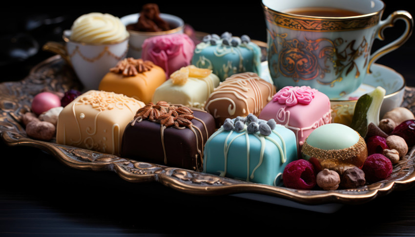 Luxurious golden tray showcasing an assortment of tempting sweets