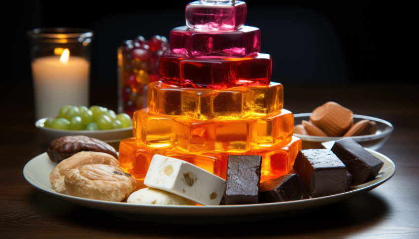 A variety of colorful candies presented elegantly on a silver tray