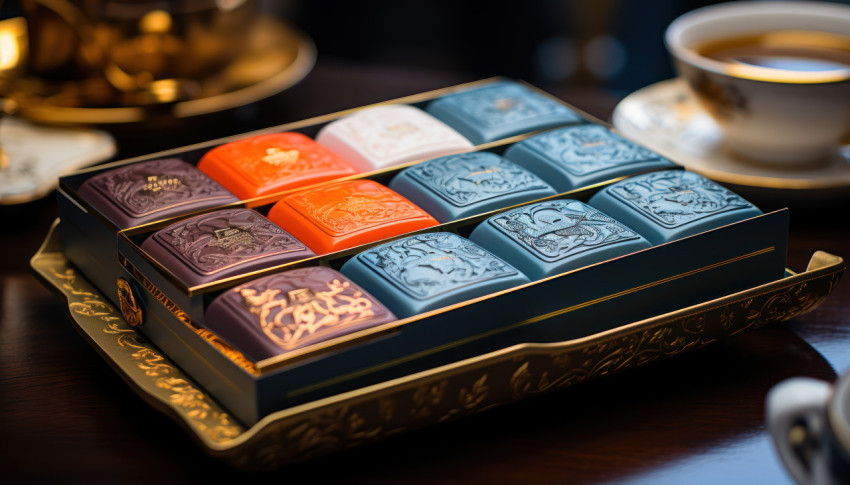 A brass tray filled with a tempting array of beautifully colored chocolates