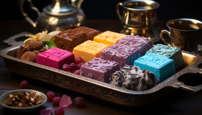 A selection of colorful and delicious chocolates displayed on a silver serving tray