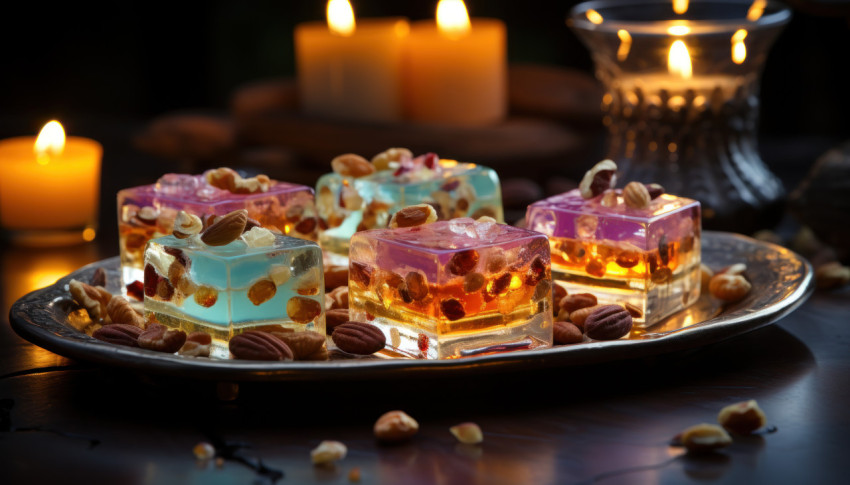 A plate of divine dessert topped with nuts and pistachios accompanied by the warm glow of candles on a wooden surface