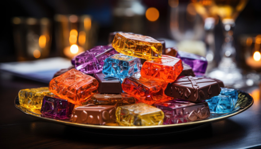 Indulge in a symphony of colors with artfully presented chocolates on a silver platter