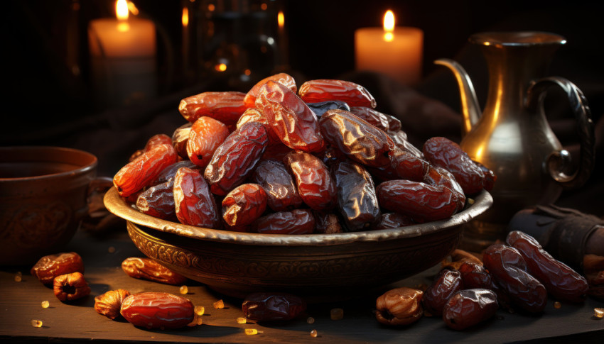 Dried dates presented atop a bowl of golden brown sugar