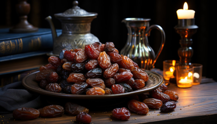 A simple display of dried dates on a classic wooden table