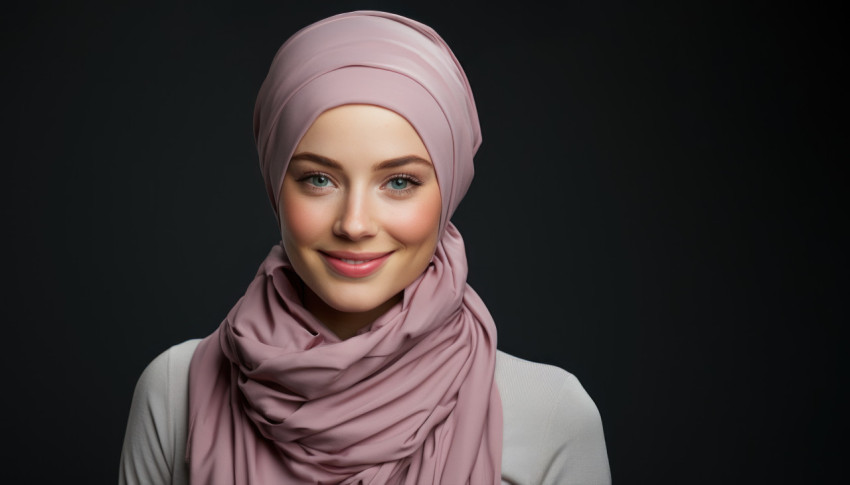 Serene muslim woman with a warm smile against a solid gray background