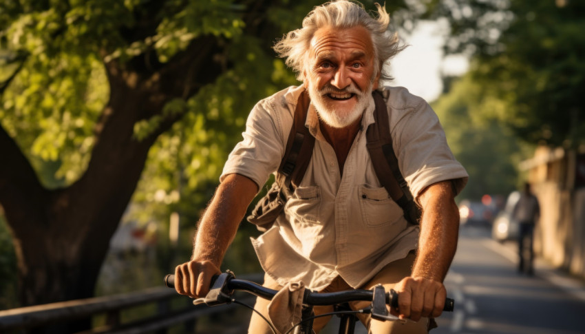 Elderly man serene cycling adventure