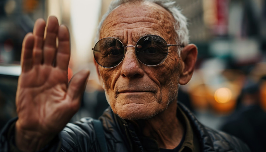 Friendly grandpa in sunglasses with hand up