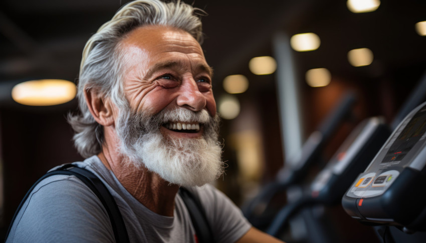 Senior man engaged on gym treadmill