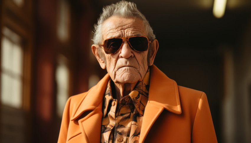 Senior gentleman in tan coat and stylish sunglasses