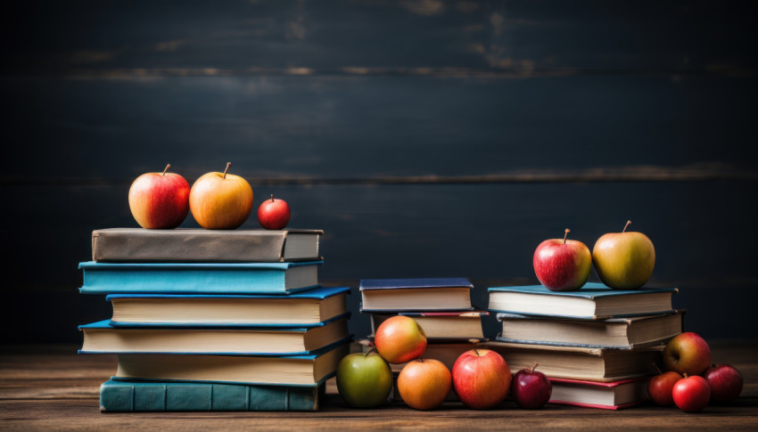 Colorful books stacked neatly on a table with a chalkboard in the background