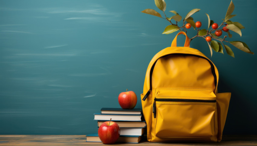 A cheerful yellow backpack and a fresh apple on a vibrant blue background with books