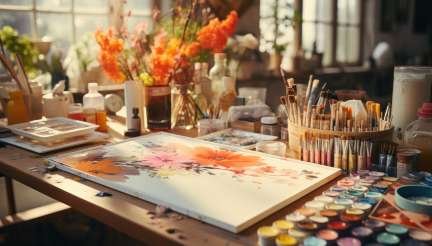 A colorful studio filled with art supplies palettes and brushes for creative minds