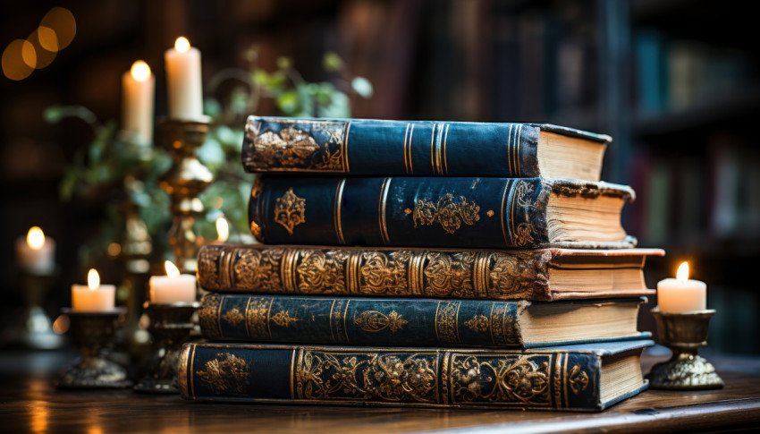 A pile of books on a table with a blurred backdrop