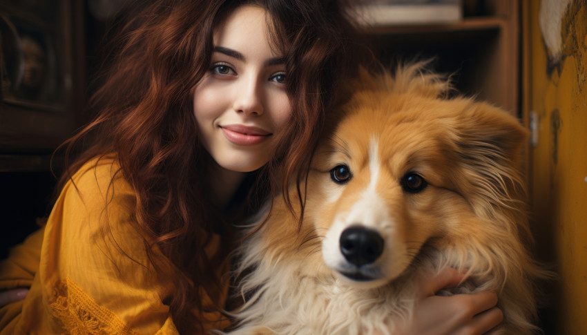 A girl hugs an adorable dog with love and happiness