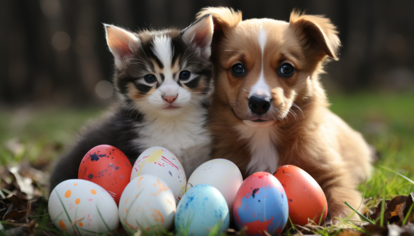 Cute kitten and puppy playing on grass with vibrant easter eggs beside them