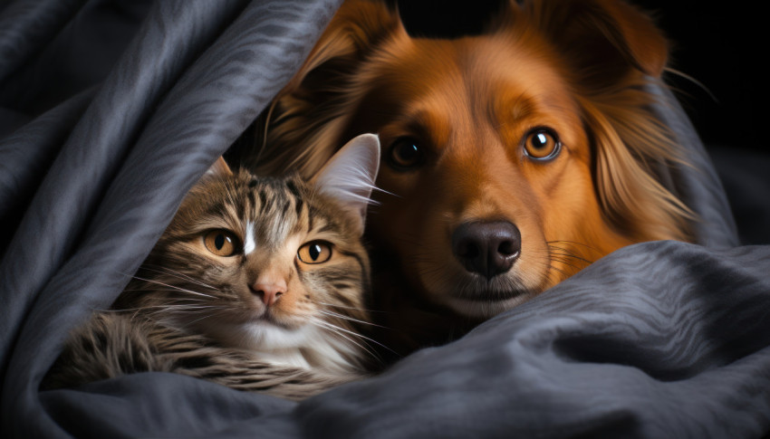 Cute cat and dog snuggle against dark backdrop