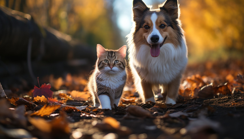 A cat and a dog enjoying a stroll together in a beautiful garden