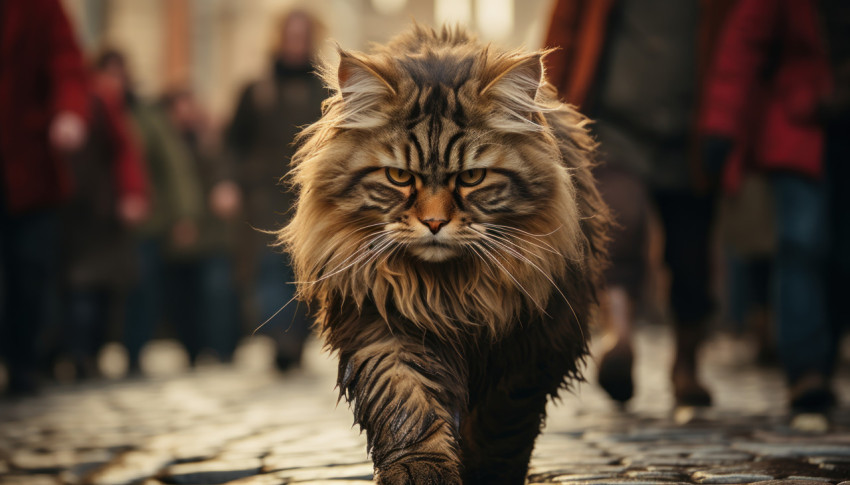 Cat strolling on street amid people