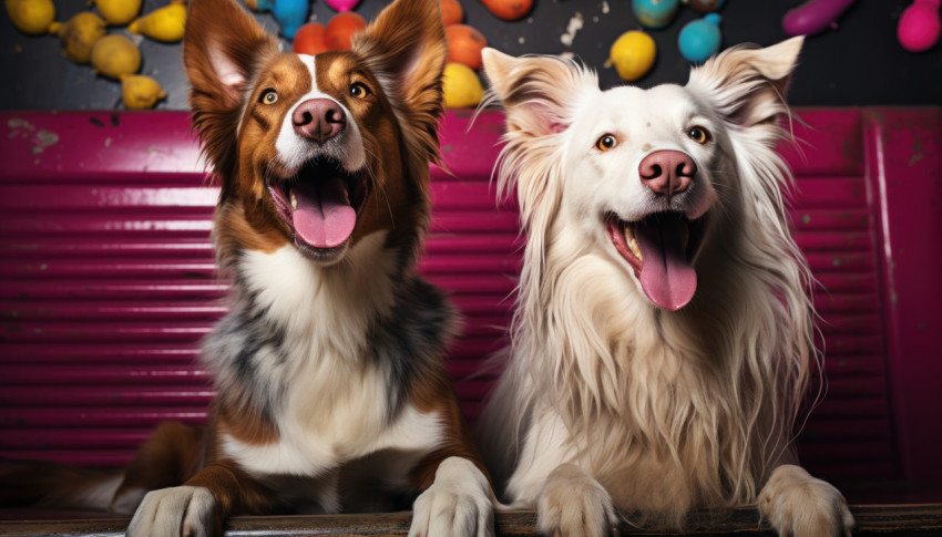 Two dogs sitting together sticking out its tongue creating a playful and amusing scene in a delightful outdoor setting