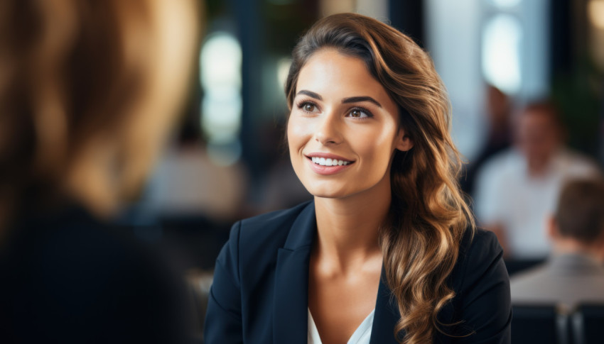 Business woman in job interview discussing skills and qualifications confidently