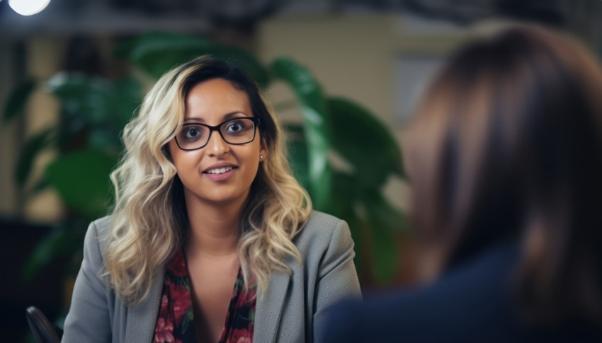 Woman discussing in job interview at office