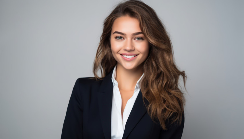 Young lady smiling in black suit on white background radiating positivity and confidence