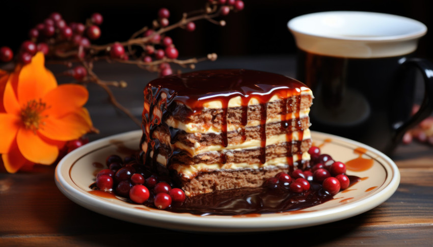 A cake on a plate next to a coffee cup