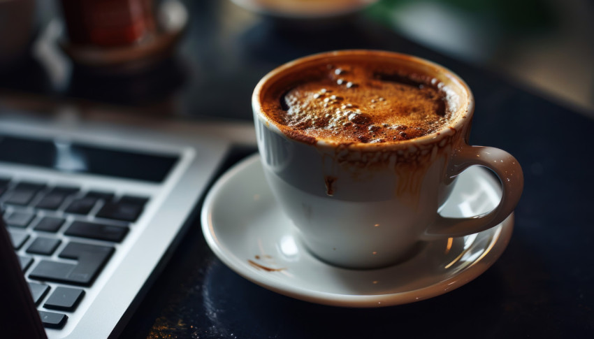 A laptop and a coffee cup placed on a black surface