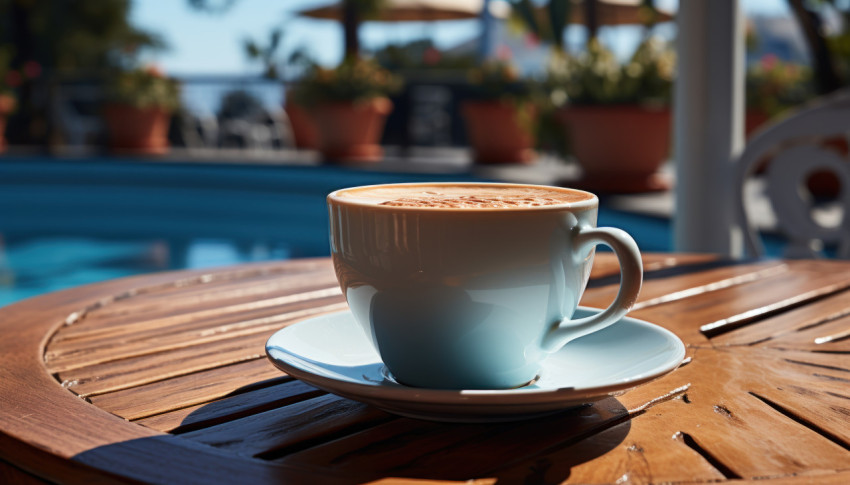 Coffee cup on table near pool