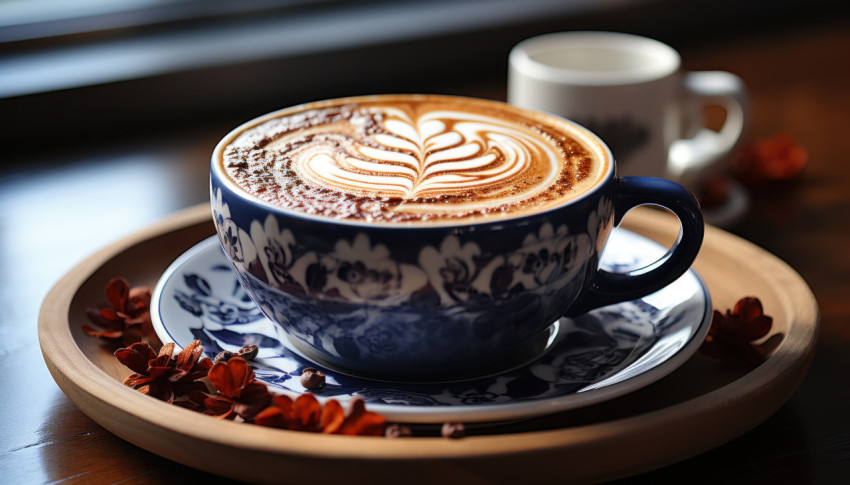 A cup of cappuccino on a wooden tray