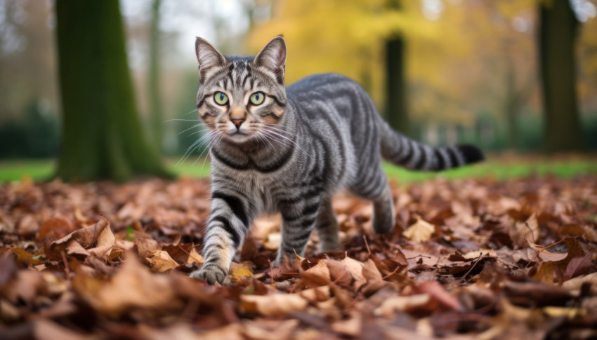 A cute gray tabby cat exploring a park