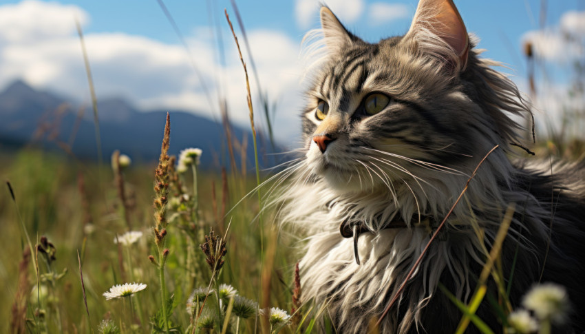 Grey cat exploring open fields