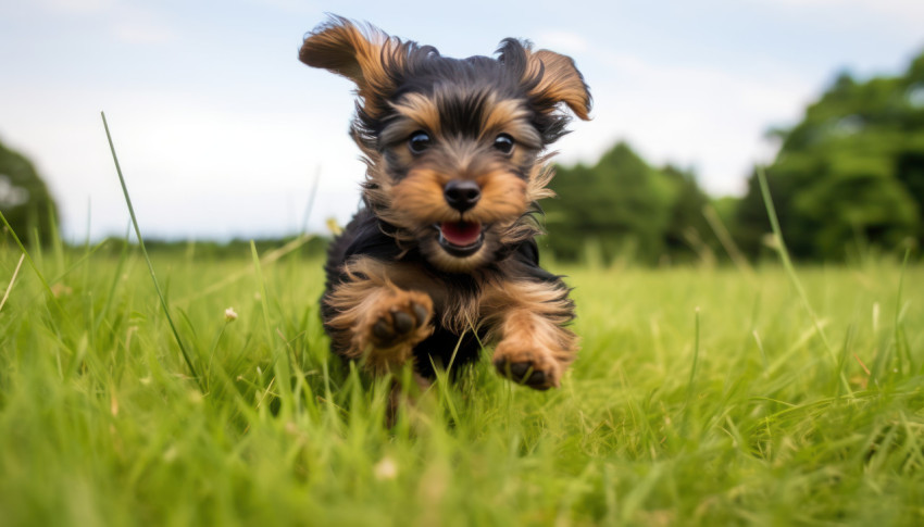 Small black tan puppy joyfully runs through the green grass