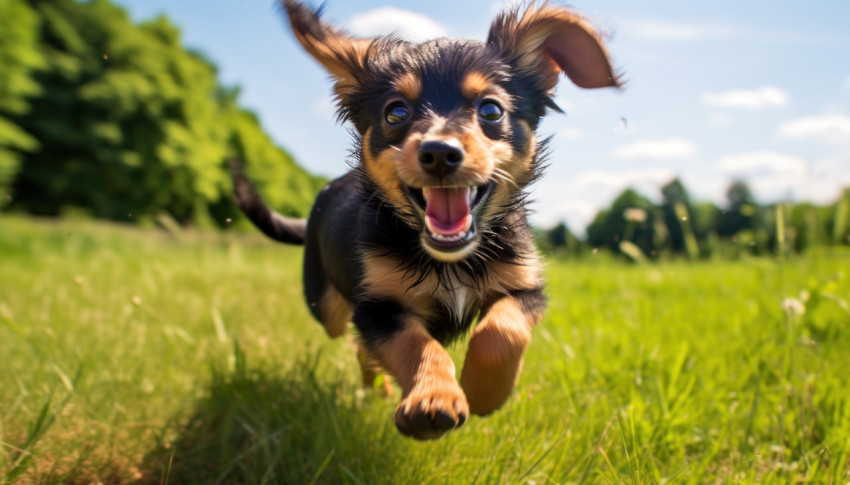 Playful small puppy with black and tan fur running happily in the green outdoors