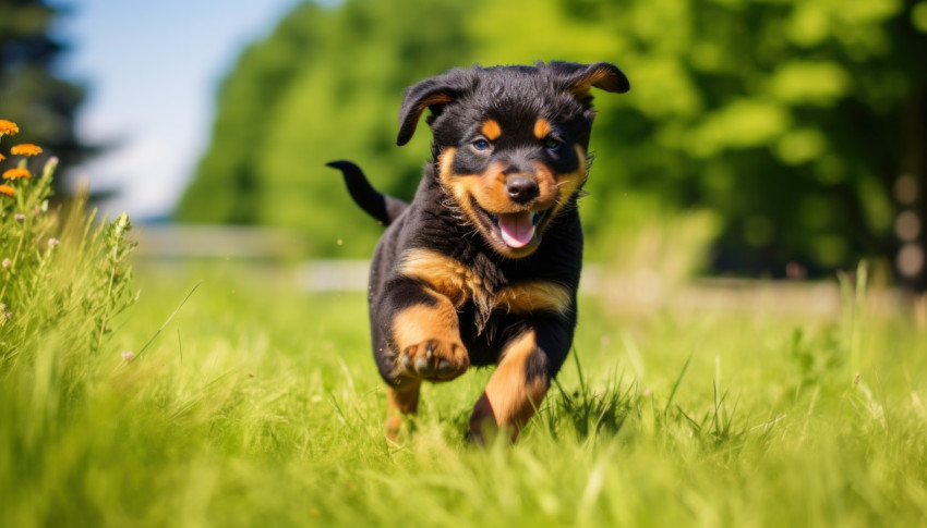 Adorable rottweiler pup happily dashing through lush greenery