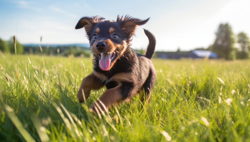 Energetic puppy joyfully running across a green field of grass