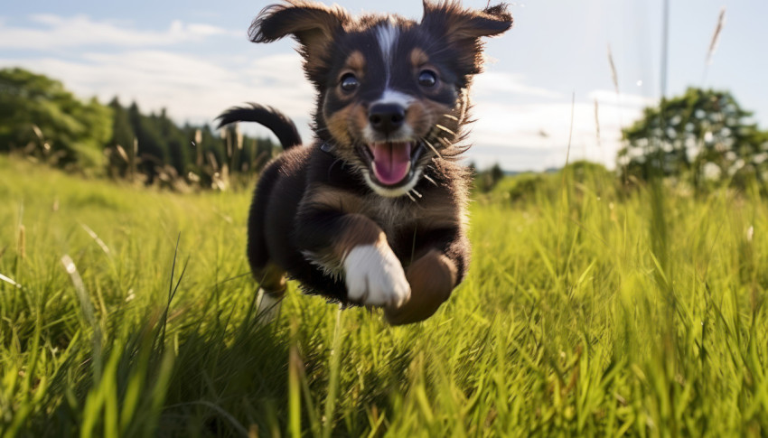 Playful puppy running across a green field with joy and excitement