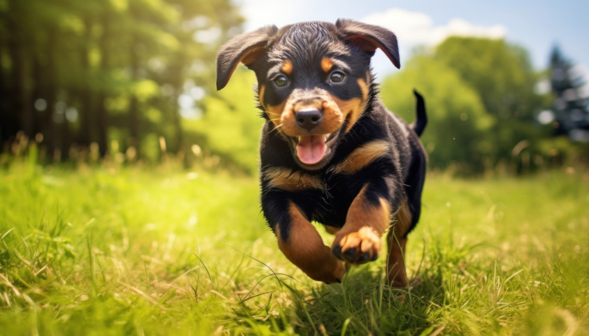 Cute rottweiler pup having fun running happily in the lush green grass