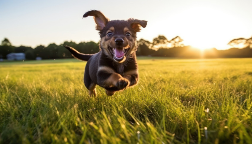 Playful puppy sprinting happily through a meadow of fresh green grass