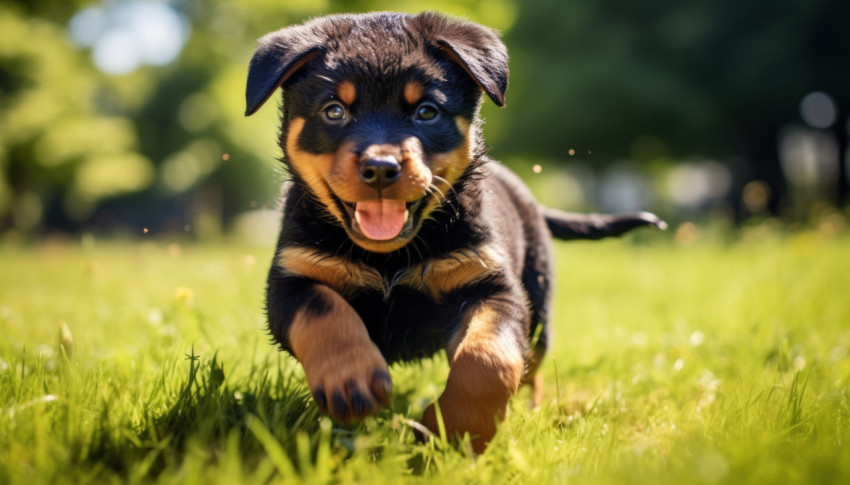 Playful rottweiler puppy joyfully running in the green grass