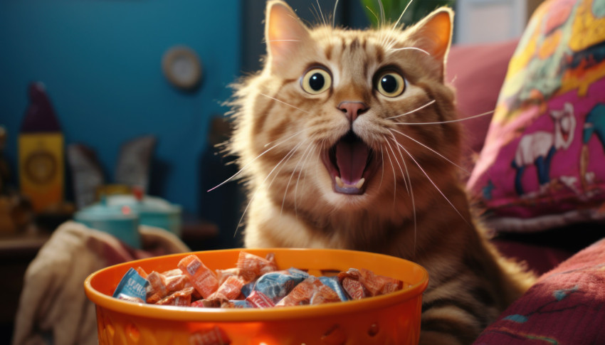 Surprised cat reacting to the arrival of pet food