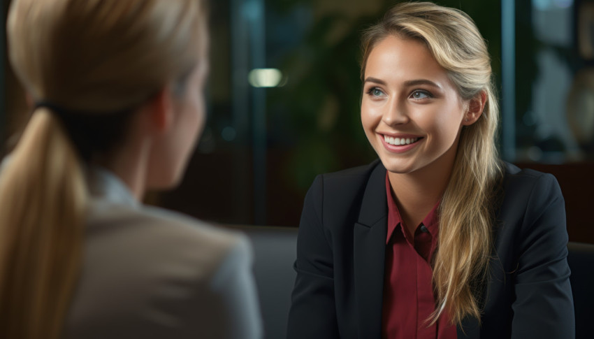 Young businesswoman interviews job applicant in office setting