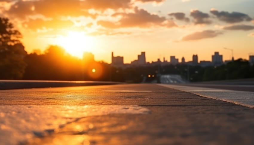 A stunning sunset paints the sky over a concrete street and asphalt road