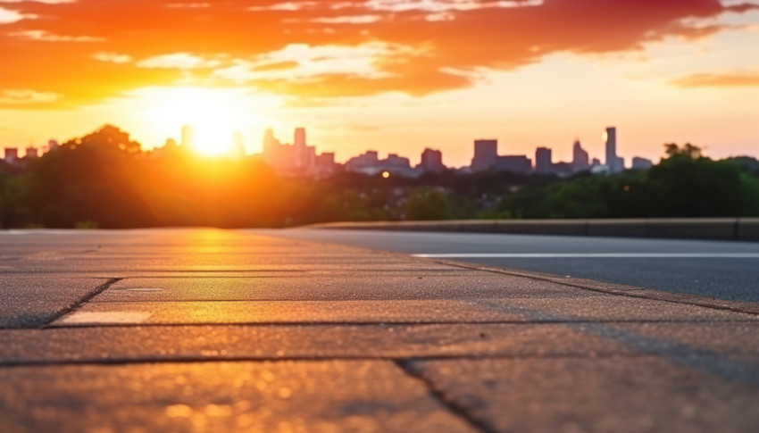 Concrete street and asphalt road under the setting sun