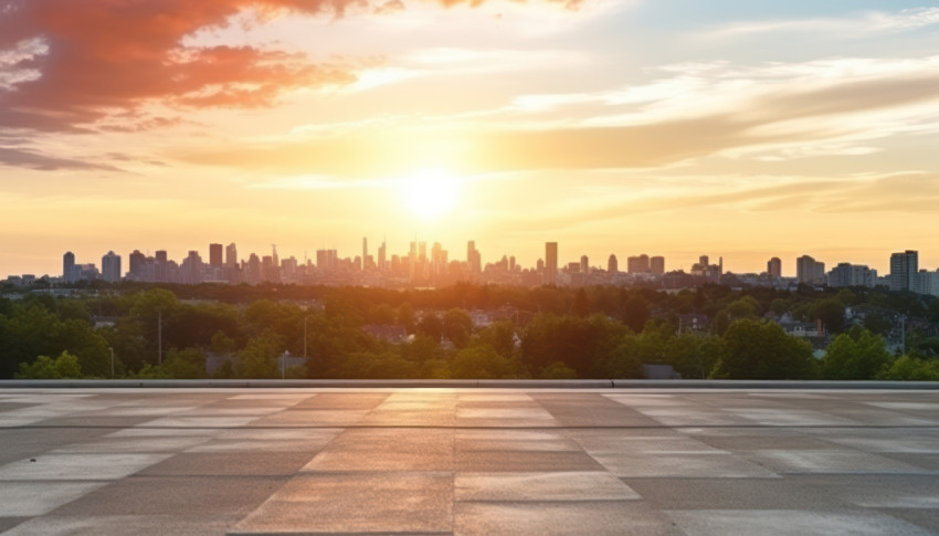 Sun setting over concrete street with asphalt road creating a warm and beautiful urban scene