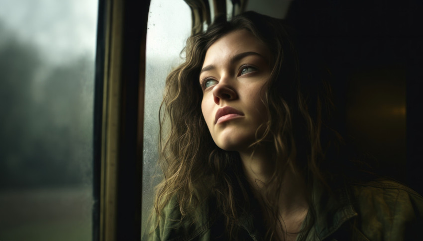 A lady gazes through home window