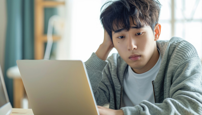 Concerned young asian man hand on head stressfully using laptop at home