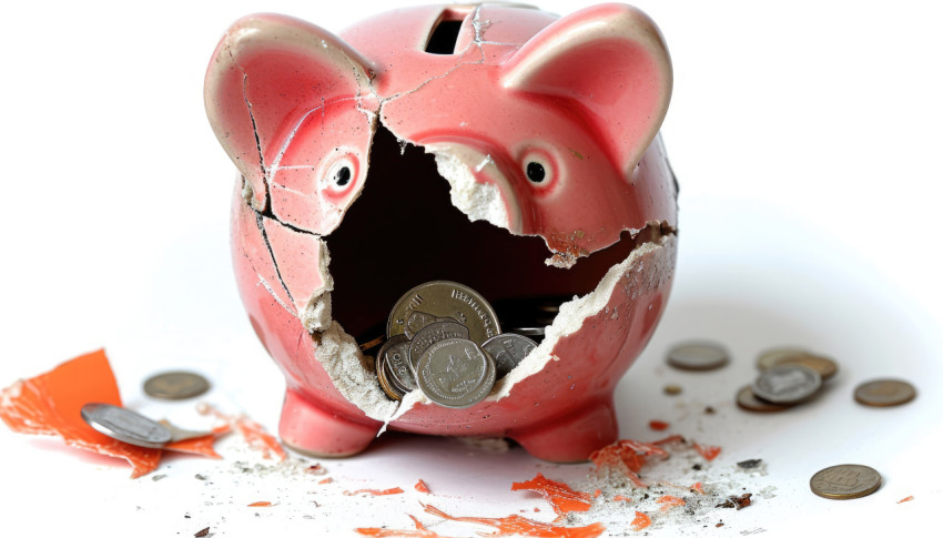 Broken piggy bank with scattered change symbolizing savings or financial setback