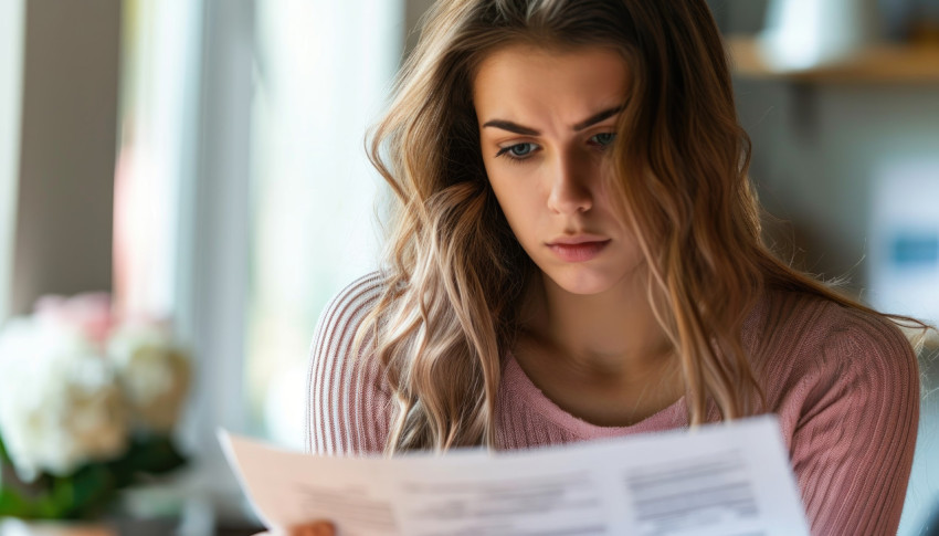 Concerned woman reads bank statement letter about finances and future financial situation